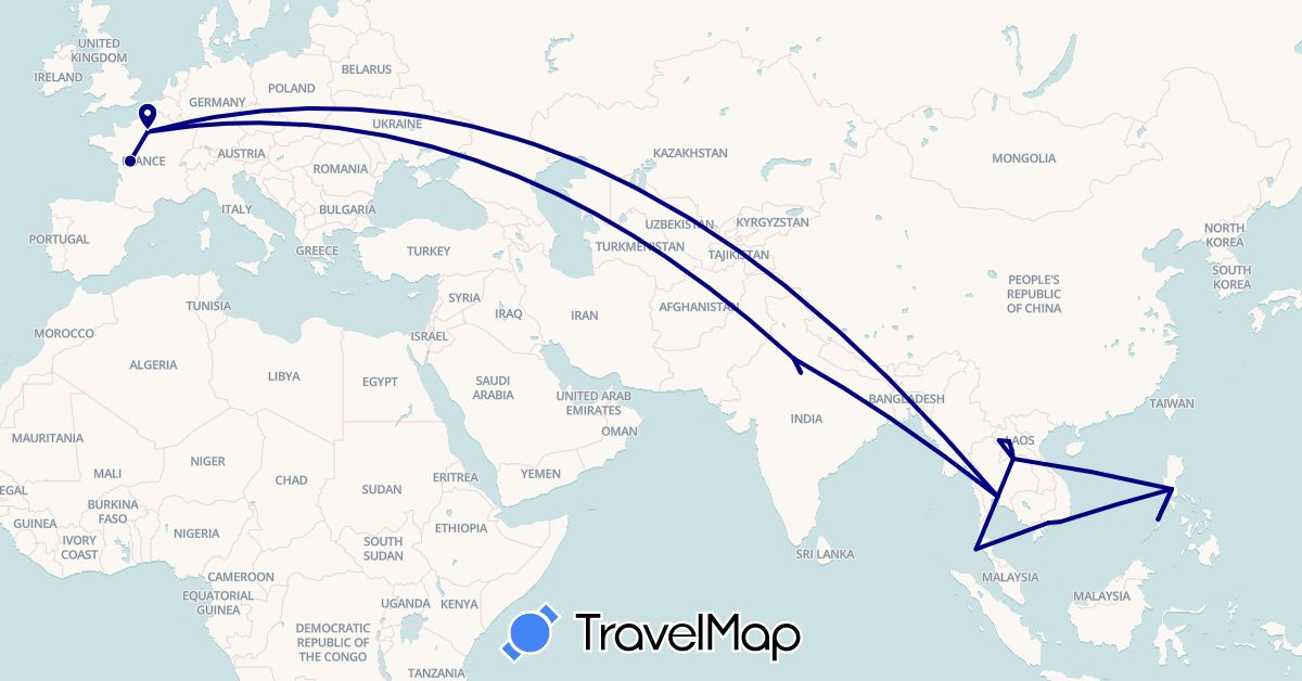 TravelMap itinerary: driving in France, India, Laos, Philippines, Thailand, Vietnam (Asia, Europe)