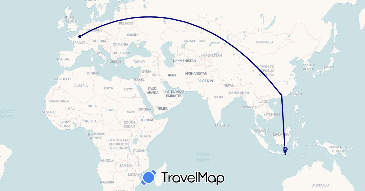 TravelMap itinerary: driving in China, France, Indonesia (Asia, Europe)